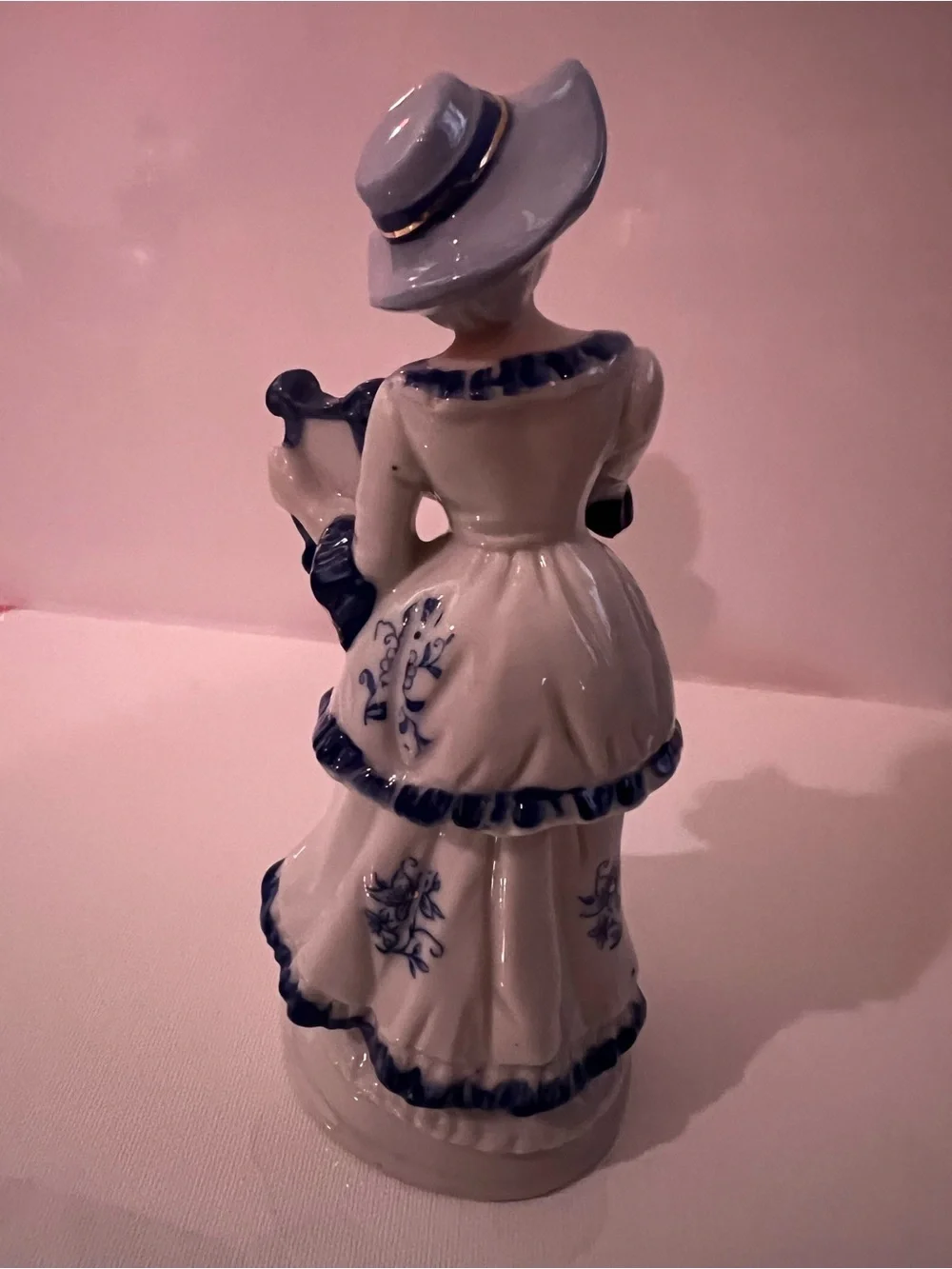 Vintage Hand-Painted Porcelain Figurine Woman with Lyre in White and Blue
